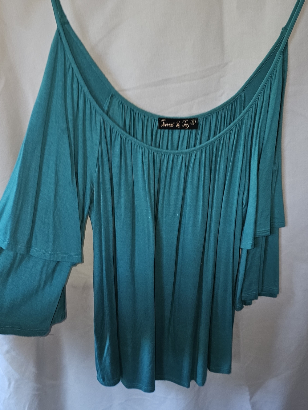 James & Joy Teal Cold-Shoulder Flutter Sleeve Blouse